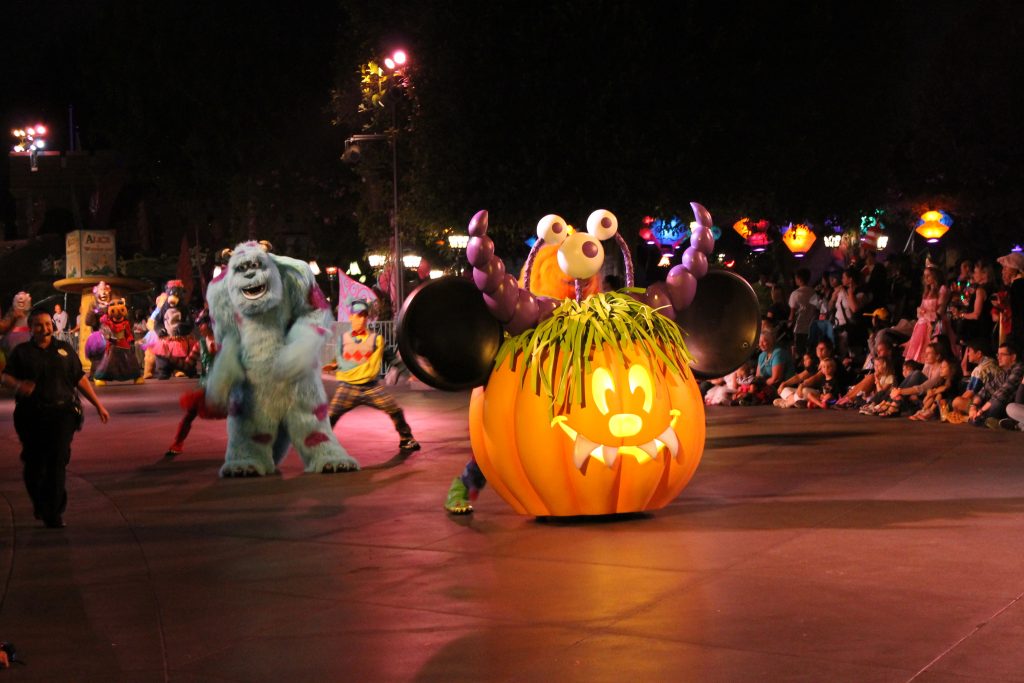 A Halloween Mickey Head parade float during the Halloween Parade