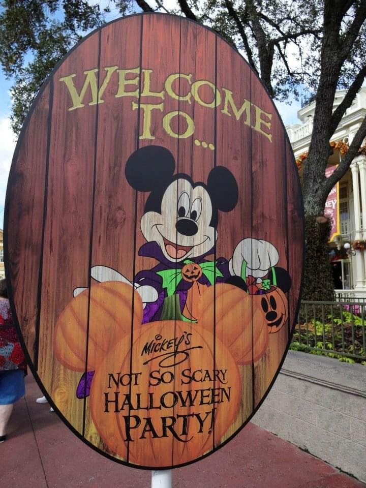 A sign welcoming people to Mickey's Not So Scary Halloween Party