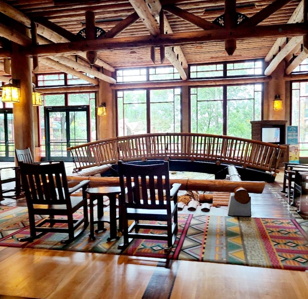 Rocking chairs at Disney's Wilderness Lodge Resort lobby