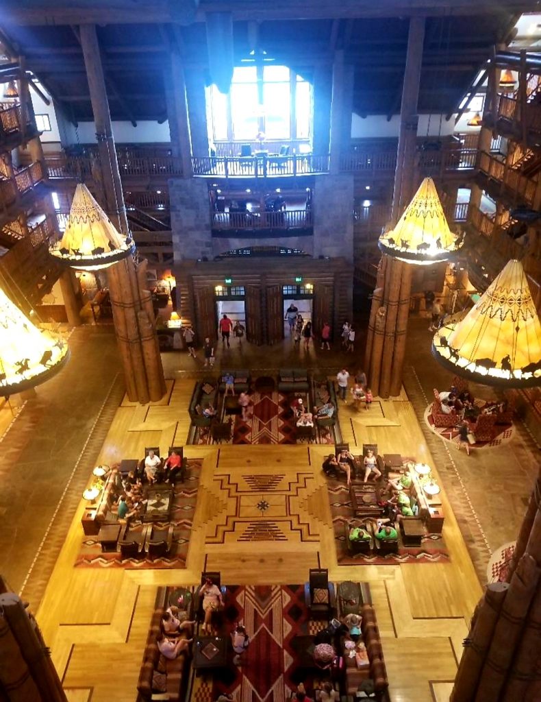 The lobby at Disney's Wilderness Lodge Resort from above