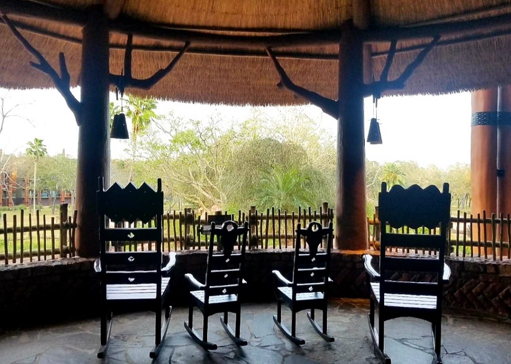 A set of rocking chairs at Animal Kingdom Lodge