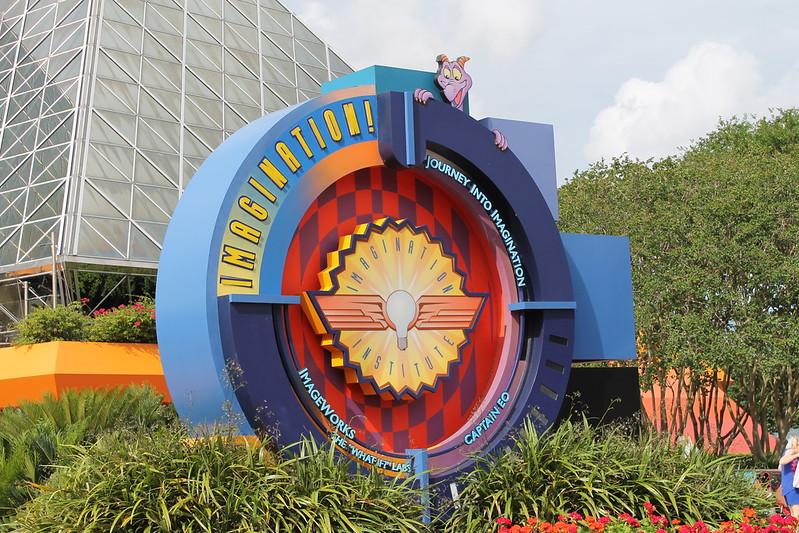 A view of the Journey into Imagination sign at Epcot