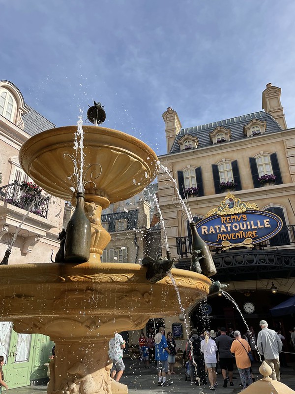 The fountain in front of Remy's Ratatouille Adventure at Epcot